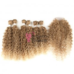 Extensii de par Afro Hair Weave Kinky Curly cu Closure de 40 cm Ombre Blond Inchis cu Blond Deschis Cod 50129306